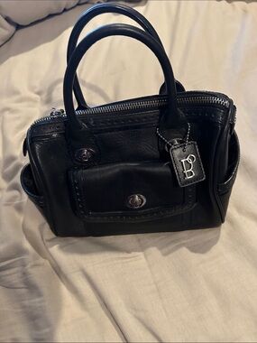 Black  Italian Leather Satchel Tote with Branded Monogram Tag